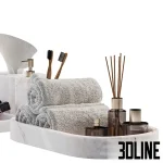 3D model set of luxury bathroom accessories including hanging and folded towels in grey and dusty pink, accompanied by white marble soap dispensers, a tray, and a reed diffuser.