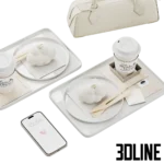 3D model of a luxury lifestyle set featuring two trays with "Mandarin Oriental" coffee cups and cloud-shaped mousse cakes, accompanied by a white designer handbag and a smartphone.