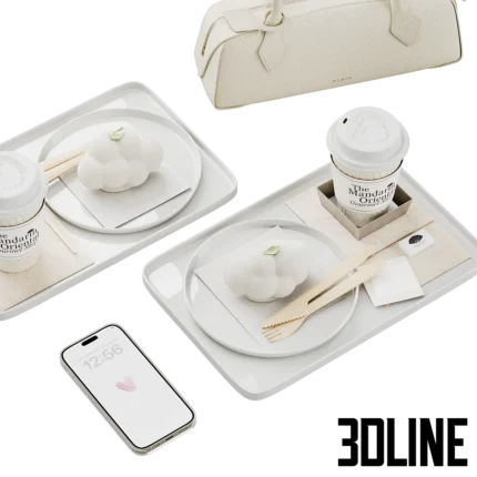 3D model of a luxury lifestyle set featuring two trays with "Mandarin Oriental" coffee cups and cloud-shaped mousse cakes, accompanied by a white designer handbag and a smartphone.