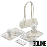 3D model of a luxury lifestyle set featuring two trays with "Mandarin Oriental" coffee cups and cloud-shaped mousse cakes, accompanied by a white designer handbag and a smartphone.