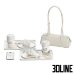 3D model of a luxury lifestyle set featuring two trays with "Mandarin Oriental" coffee cups and cloud-shaped mousse cakes, accompanied by a white designer handbag and a smartphone.