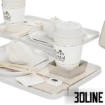 3D model of a luxury lifestyle set featuring two trays with "Mandarin Oriental" coffee cups and cloud-shaped mousse cakes, accompanied by a white designer handbag and a smartphone.