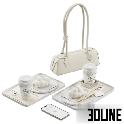 3D model of a luxury lifestyle set featuring two trays with "Mandarin Oriental" coffee cups and cloud-shaped mousse cakes, accompanied by a white designer handbag and a smartphone.