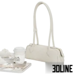 3D model of a luxury lifestyle set featuring two trays with "Mandarin Oriental" coffee cups and cloud-shaped mousse cakes, accompanied by a white designer handbag and a smartphone.