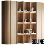 3D model of a luxury curved wooden wardrobe system featuring alternating closed veneer panels and open illuminated shelves styled with books and vases.