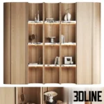 3D model of a luxury curved wooden wardrobe system featuring alternating closed veneer panels and open illuminated shelves styled with books and vases.