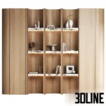 3D model of a luxury curved wooden wardrobe system featuring alternating closed veneer panels and open illuminated shelves styled with books and vases.
