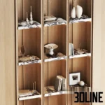 3D model of a luxury curved wooden wardrobe system featuring alternating closed veneer panels and open illuminated shelves styled with books and vases.