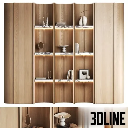 3D model of a luxury curved wooden wardrobe system featuring alternating closed veneer panels and open illuminated shelves styled with books and vases.