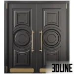 3D model of a luxury double entrance door in matte black, featuring elaborate geometric molding with large central circles and squares, accented by long gold vertical handles and kick plates.