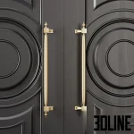 3D model of a luxury double entrance door in matte black, featuring elaborate geometric molding with large central circles and squares, accented by long gold vertical handles and kick plates.