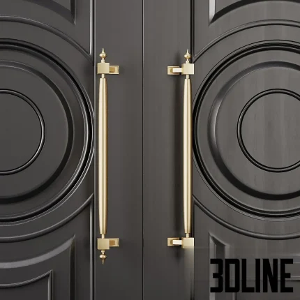 3D model of a luxury double entrance door in matte black, featuring elaborate geometric molding with large central circles and squares, accented by long gold vertical handles and kick plates.
