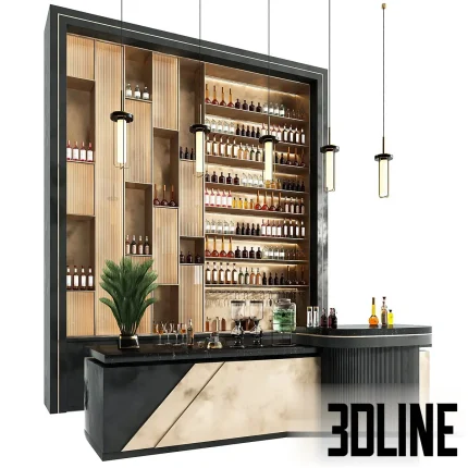 3D model of a luxury modern drink bar featuring a black and gold marble counter, tall illuminated shelving with vertical wood slats, and a collection of wine bottles and glassware.