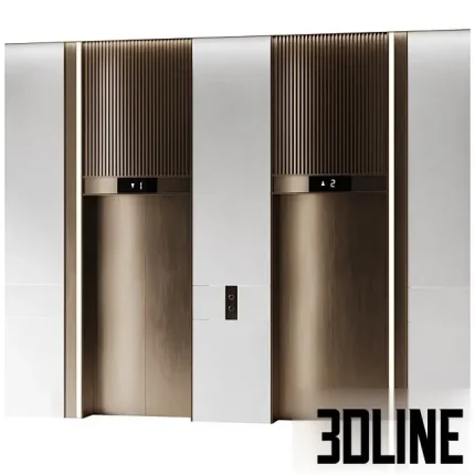 Realistic 3D model of a luxury elevator hall featuring dual bronze metal doors with vertical ribbed detailing above, flanked by integrated vertical LED light strips and white wall cladding.