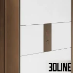 Realistic 3D model of a luxury elevator hall featuring dual bronze metal doors with vertical ribbed detailing above, flanked by integrated vertical LED light strips and white wall cladding.
