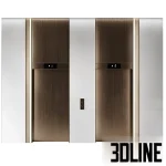 Realistic 3D model of a luxury elevator hall featuring dual bronze metal doors with vertical ribbed detailing above, flanked by integrated vertical LED light strips and white wall cladding.