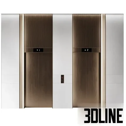 Realistic 3D model of a luxury elevator hall featuring dual bronze metal doors with vertical ribbed detailing above, flanked by integrated vertical LED light strips and white wall cladding.