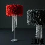 3D model set of luxury feather floor lamps featuring vibrant red and black plumage shades with cascading crystal strands, mounted on a chrome stand.
