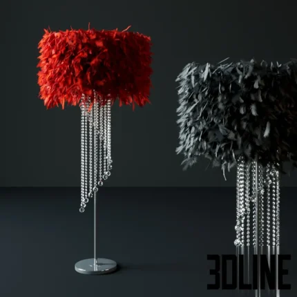 3D model set of luxury feather floor lamps featuring vibrant red and black plumage shades with cascading crystal strands, mounted on a chrome stand.