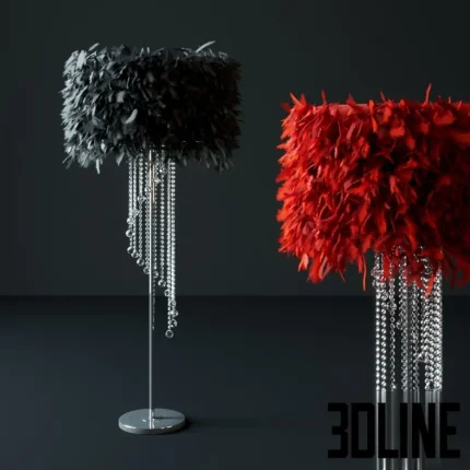 3D model set of luxury feather floor lamps featuring vibrant red and black plumage shades with cascading crystal strands, mounted on a chrome stand.