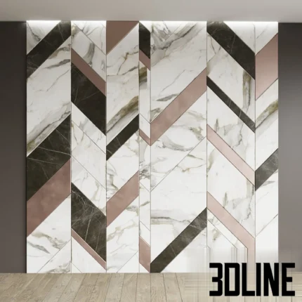 3D visualization of a luxury wall panel featuring a large-scale chevron pattern combining white marble, black marble, and rose gold metal strips.