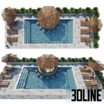 Detailed top-down 3D model of an outdoor swimming pool set with surrounding grey paving, a central wood swim-up bar gazebo, and multiple wood sun loungers with large umbrellas.