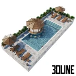 Detailed top-down 3D model of an outdoor swimming pool set with surrounding grey paving, a central wood swim-up bar gazebo, and multiple wood sun loungers with large umbrellas.
