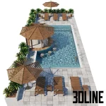 Detailed top-down 3D model of an outdoor swimming pool set with surrounding grey paving, a central wood swim-up bar gazebo, and multiple wood sun loungers with large umbrellas.