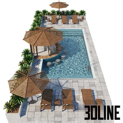 Detailed top-down 3D model of an outdoor swimming pool set with surrounding grey paving, a central wood swim-up bar gazebo, and multiple wood sun loungers with large umbrellas.