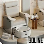 High-resolution 3D model scene of a luxury double pedicure area in a beauty salon, featuring marble arch niches with neon signs and beige upholstered pedicure chairs.