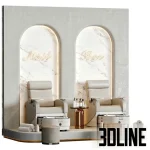 High-resolution 3D model scene of a luxury double pedicure area in a beauty salon, featuring marble arch niches with neon signs and beige upholstered pedicure chairs.