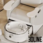 High-resolution 3D model scene of a luxury double pedicure area in a beauty salon, featuring marble arch niches with neon signs and beige upholstered pedicure chairs.