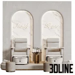 High-resolution 3D model scene of a luxury double pedicure area in a beauty salon, featuring marble arch niches with neon signs and beige upholstered pedicure chairs.