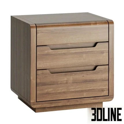 High-quality 3D model of Lyona modern wooden bedside table with two hidden drawers and curved edges