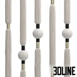 3D model of a decorative macramé curtain or room divider, featuring vertical hanging ropes with knitted textures, spherical knots, and tassel ends, suspended from a top rail.