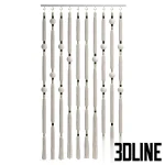 3D model of a decorative macramé curtain or room divider, featuring vertical hanging ropes with knitted textures, spherical knots, and tassel ends, suspended from a top rail.