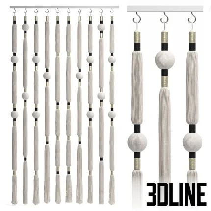 3D model of a decorative macramé curtain or room divider, featuring vertical hanging ropes with knitted textures, spherical knots, and tassel ends, suspended from a top rail.