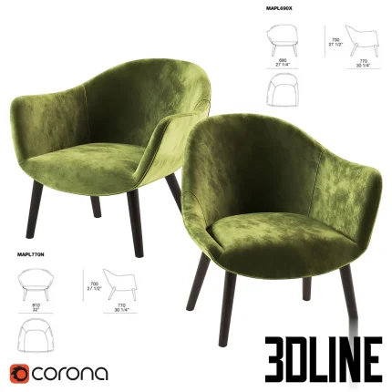 High-quality 3D model of the Mad Chair (style by Marcel Wanders for Poliform), featuring a curved organic backrest upholstered in olive green velvet and supported by tapered dark wood legs.