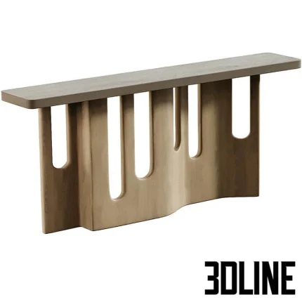 High-resolution 3D model of Malko console table with thick wood top and sculptural, wavy base with cutouts