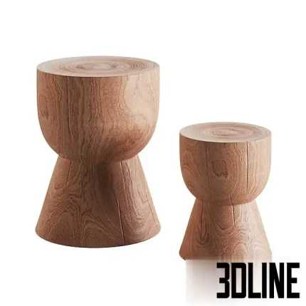 Detailed 3D model set of two Mark Tuckey Eggcup stools, made from carved solid wood (likely oak), featuring a rustic, hourglass shape and visible end grain.
