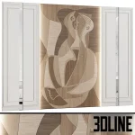 3D model of a luxury wall panel system featuring a central wood marquetry art piece with an abstract cubist figure, flanked by white neoclassical moldings and vertical mirror strips.