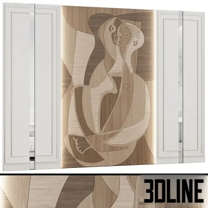3D model of a luxury wall panel system featuring a central wood marquetry art piece with an abstract cubist figure, flanked by white neoclassical moldings and vertical mirror strips.