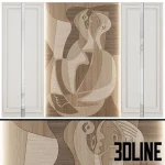 3D model of a luxury wall panel system featuring a central wood marquetry art piece with an abstract cubist figure, flanked by white neoclassical moldings and vertical mirror strips.