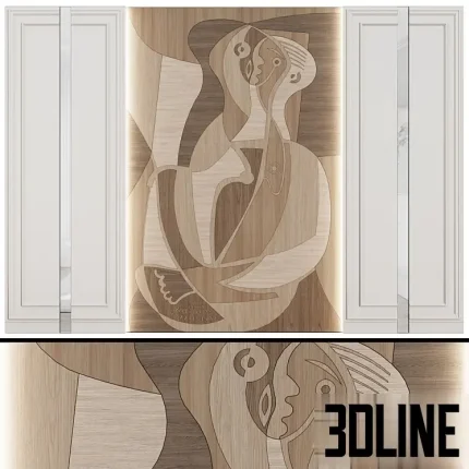 3D model of a luxury wall panel system featuring a central wood marquetry art piece with an abstract cubist figure, flanked by white neoclassical moldings and vertical mirror strips.