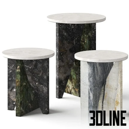 High-quality 3D model of the Matter Made Affordances side table set, featuring three unique bases made of dark green and black marble and a smooth white stone top.