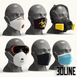 High-resolution 3D model set of face masks, respirators, and safety goggles on mannequin heads for medical and industrial visualization