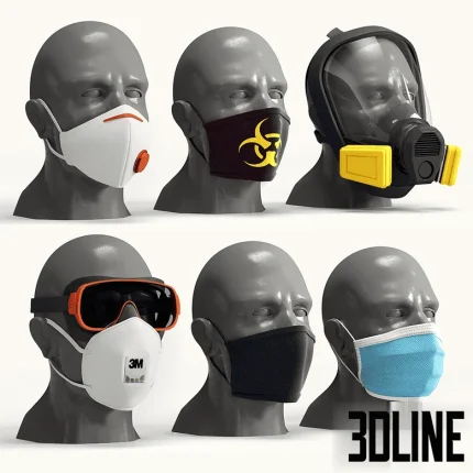 High-resolution 3D model set of face masks, respirators, and safety goggles on mannequin heads for medical and industrial visualization