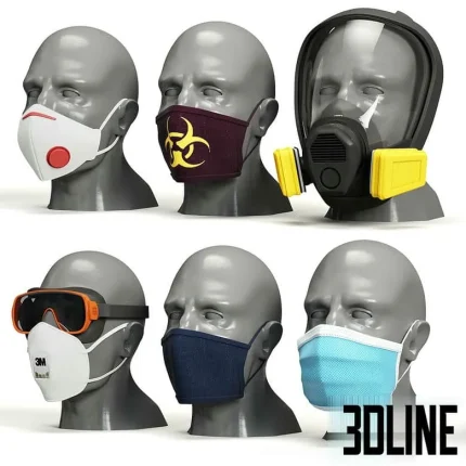 High-resolution 3D model set of face masks, respirators, and safety goggles on mannequin heads for medical and industrial visualization