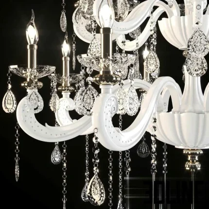 High-resolution 3D model of a large MEEROSEE crystal chandelier with a white frame, multiple candle bulbs, and numerous draped crystal strings and teardrop prisms.
