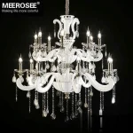 High-resolution 3D model of a large MEEROSEE crystal chandelier with a white frame, multiple candle bulbs, and numerous draped crystal strings and teardrop prisms.